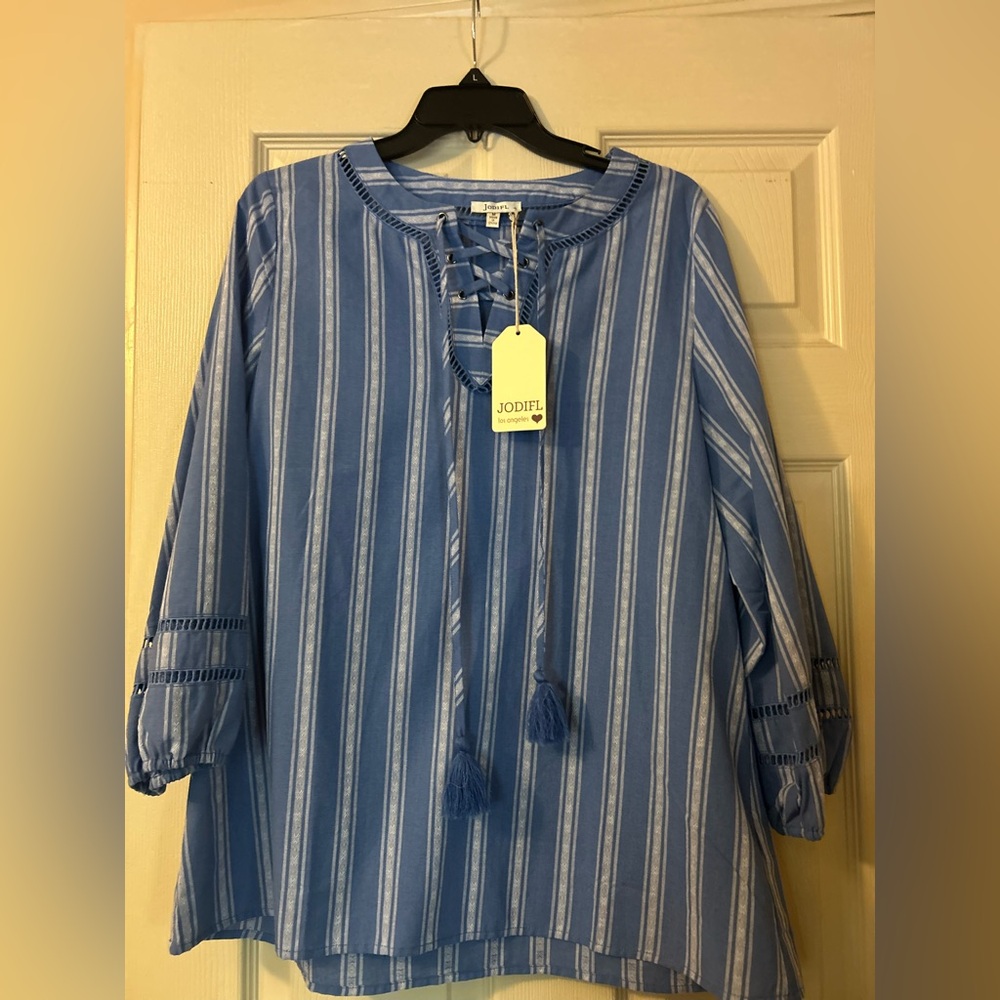 JODIFL Blue and White Lace-Up Top